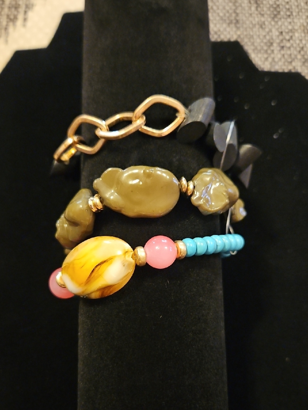Plunder Women’s Beaded Bracelet Stack in Black, Olive, Turquoise & Pink.